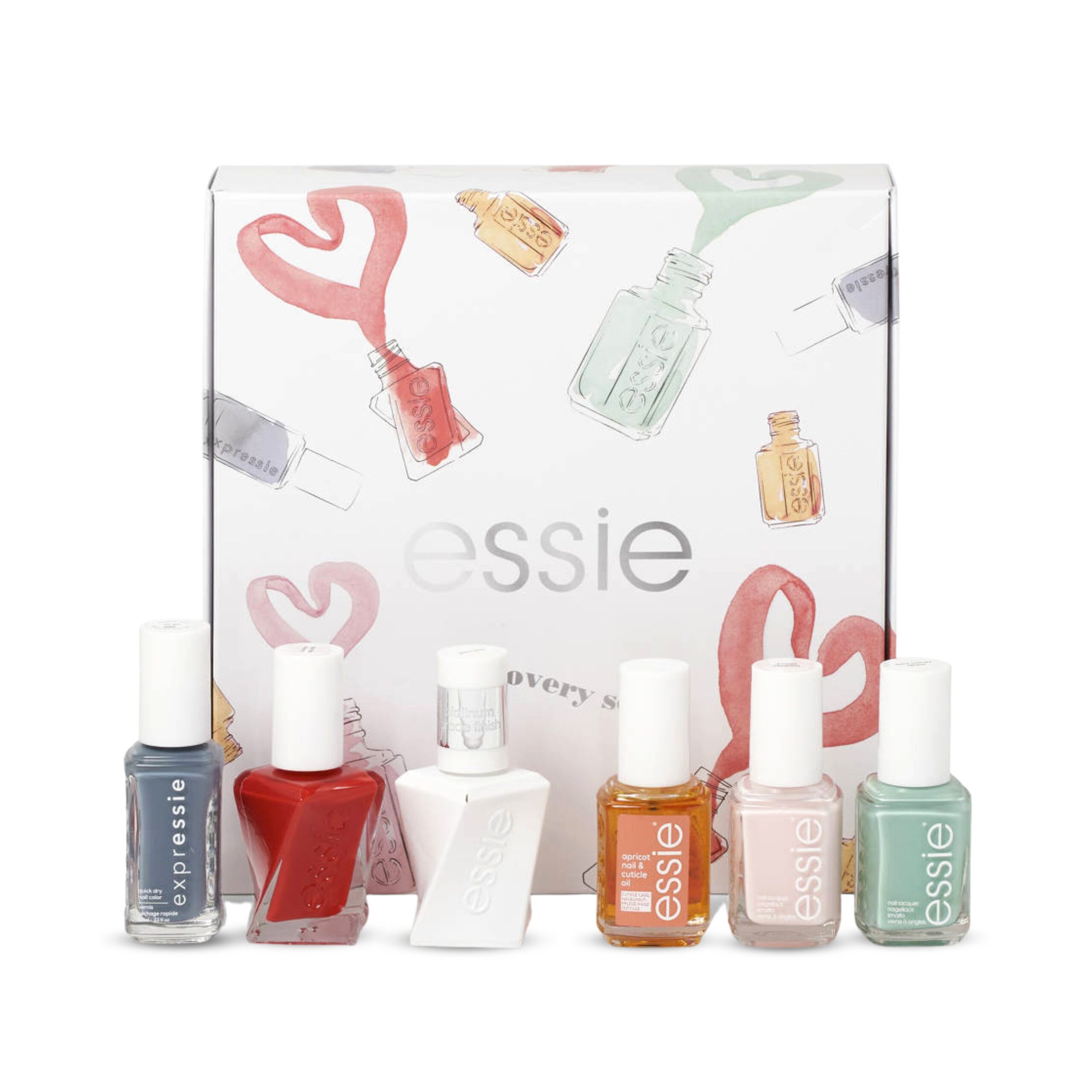 Discovery Set Essie: Nail Enamel, Vegan, Glossy Shine Finish, Nail Polish, 99, Mint Candy Apple, 13.5 ml + Expressie Air Dry, Nail Polish, 13.5 ml + Gel Couture, Nail Polish, Rock the Runway, 13.5 ml + Essie, Nail Polish, Ballet Slippers, 13.5 ml + Gel Couture, Top Coat, Nail Strengthening Lacquer, 13.5 ml + Cuticle Care, Apricot Oil, Hydrating, Conditions, Nail Cuticle Oil Treatment, 13.5 ml