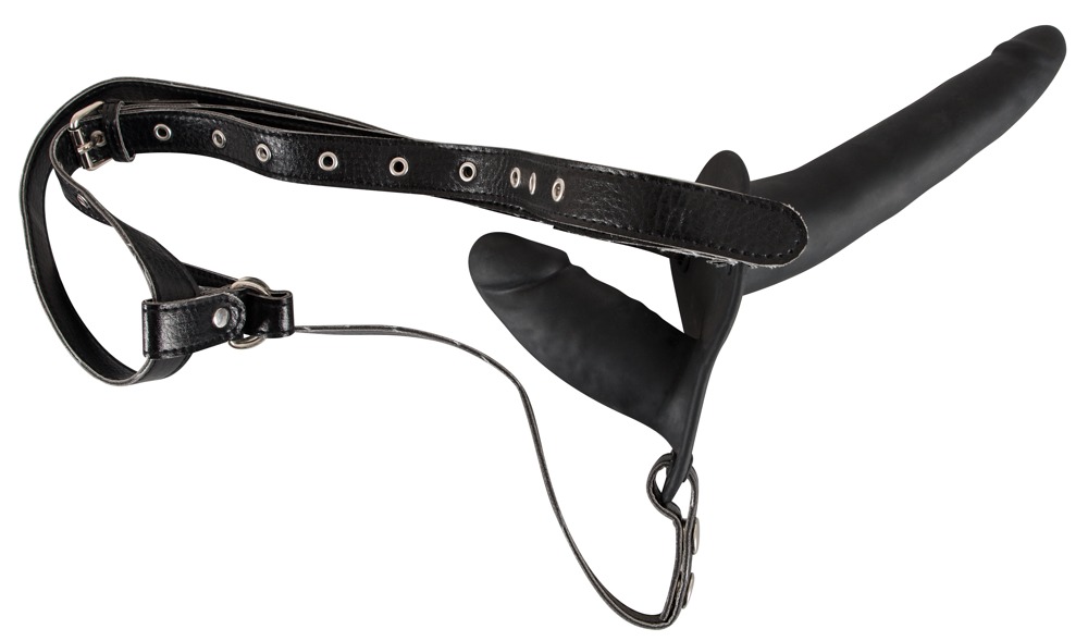 Dublu Curea On Negru Silicon Strap-On cu 2 Dildo-uri - imagine 2