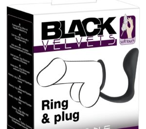 Velvets Inel & Dop Negru 2 în 1 pentru Penis și Prostată