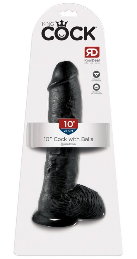 King Cock 10 Inch Balls Negru Dildo Realist cu Testicule și Ventuză