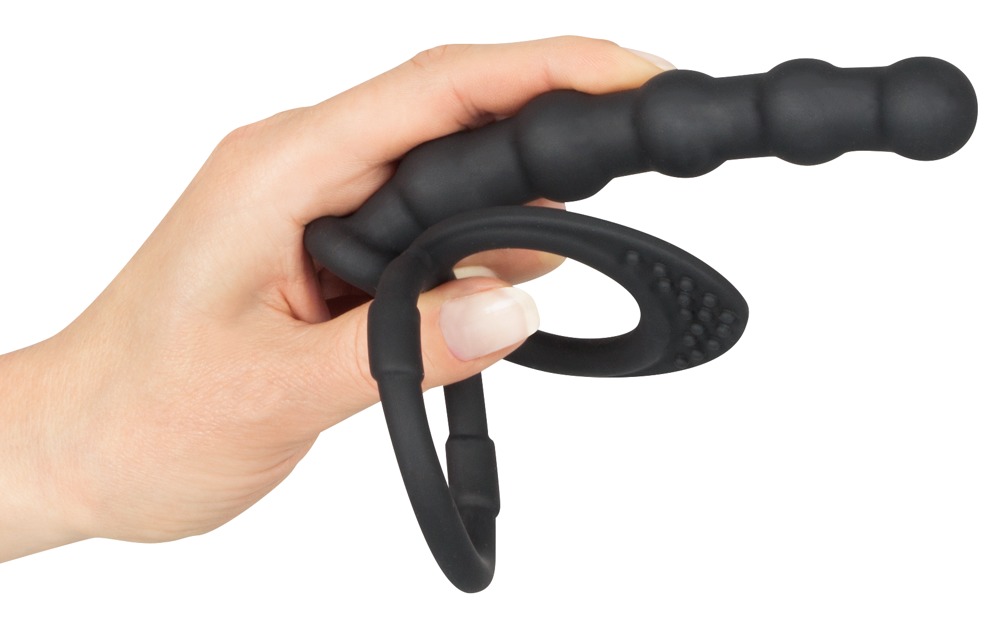 Negru Velvets Cock & Ball Inel pentru Penis și Testicule cu Mărgele Anale - imagine 4