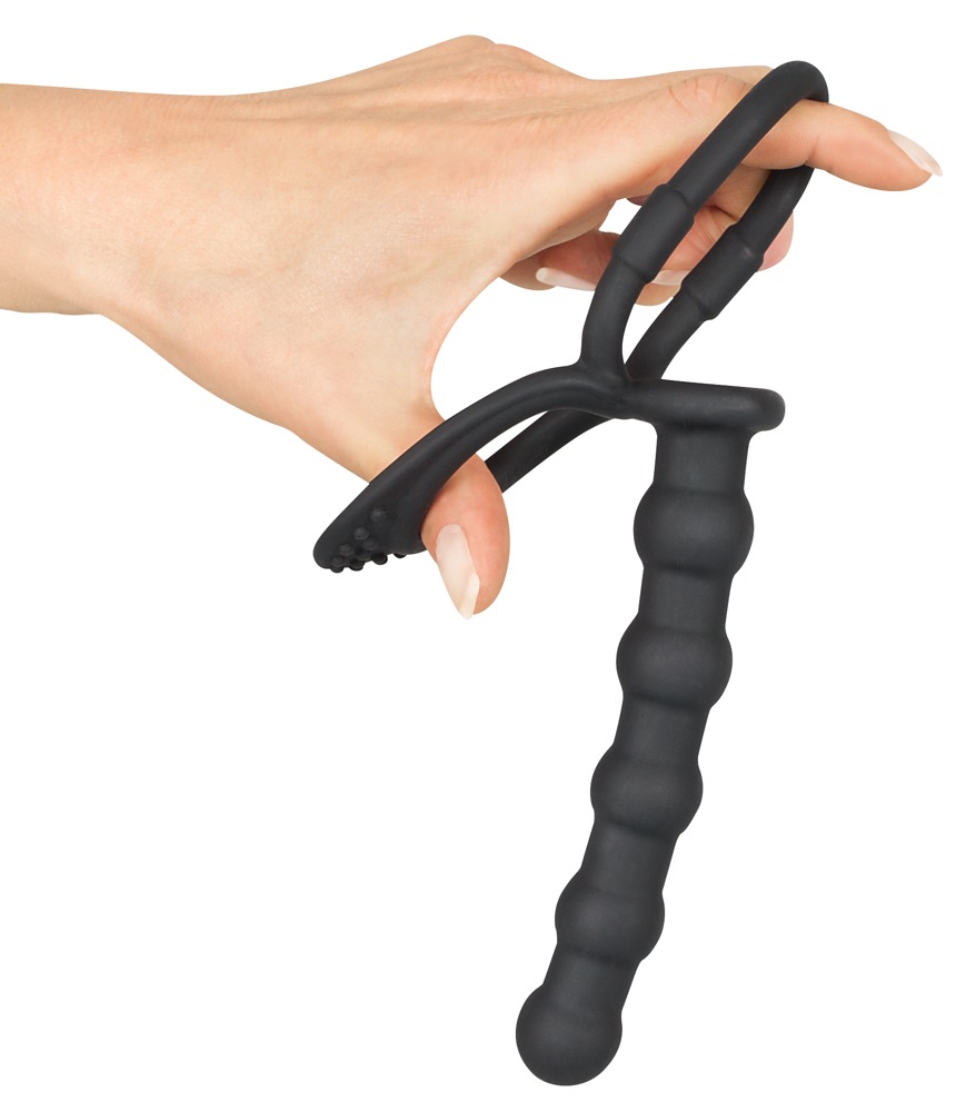Negru Velvets Cock & Ball Inel pentru Penis și Testicule cu Mărgele Anale - imagine 5