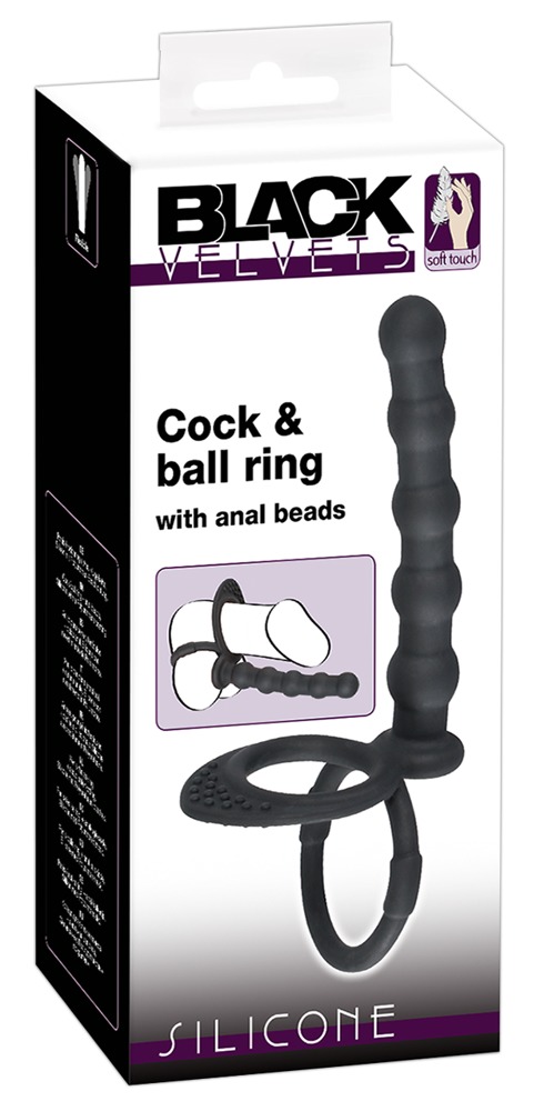 Negru Velvets Cock & Ball Inel pentru Penis și Testicule cu Mărgele Anale