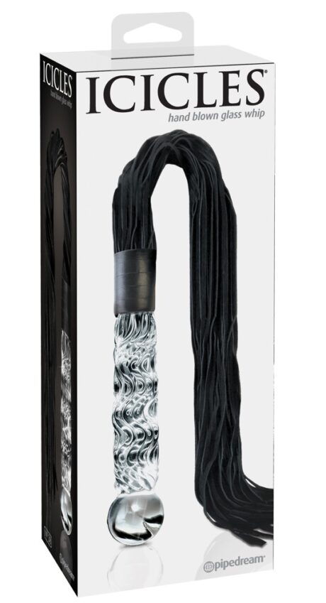 Icicles No. 38 Clear Albastru Dildo din Sticlă cu Flogger din Piele