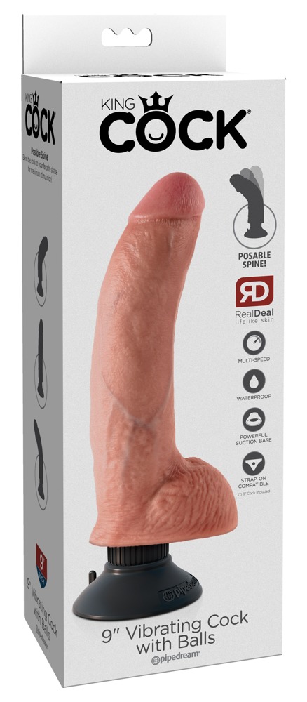 King Cock 9" Vibrating Cock Vibrator Realist Flexibil cu Ventuză, 23 cm