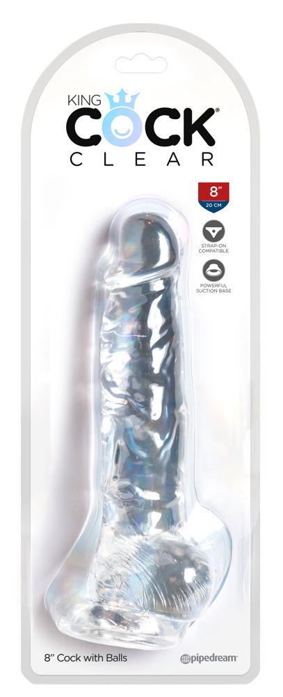 King Cock Clear 8" Cock with Balls Dildo Realist Flexibil cu Ventuză, Transparent, 22,2 cm