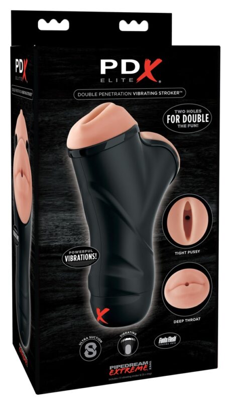Pipedream Extreme Double Penetration Masturbator vibrant cu 2 orificii și 3 inele pentru penis