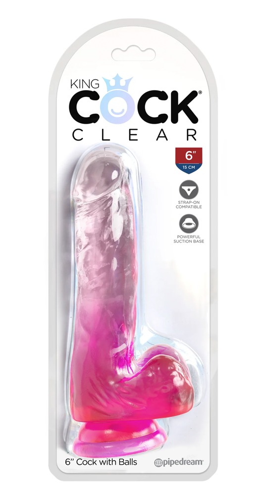 King Cock Clear 6 cu Bile Roz Dildo Transparent din TPE cu Ventuză