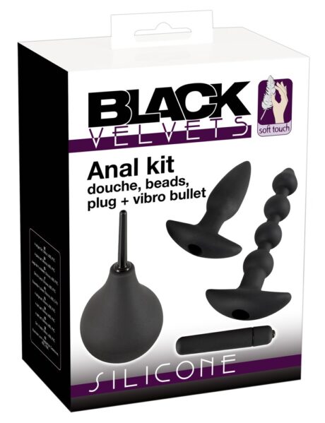Kit Anal Black Velvets 4 în 1 cu Plug, Bile, Duș Intim și Vibrator