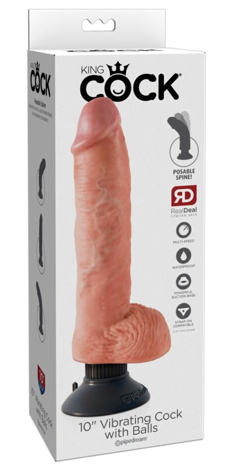 King Cock 10 Inch Vibrator cu Testicule Tijă Flexibilă și Ventuză