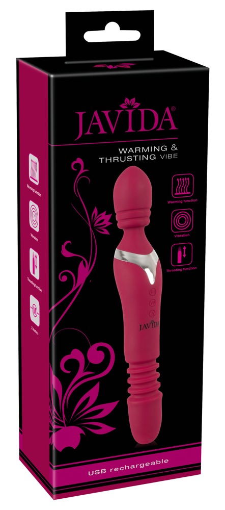 Javida Warming & Thrusting este un aparat de masaj multifuncțional care combină funcția de încălzire cu vibrații, mișcare automată înainte-înapoi și rotație.  Dispune de 7 moduri diferite de vibrație și 3 viteze de thrusting, care pot fi controlate separat prin intermediul butoanelor integrate. Ambele capete pot fi utilizate, oferind mai multe posibilități pentru masaj corporal sau intim.  Capul de masaj este mobil și se adaptează ușor contururilor corpului, în timp ce tija combină mișcarea thrusting cu rotația. Funcția de încălzire completează masajul și este potrivită pentru relaxarea zonelor tensionate.  Suprafața din silicon cu finisaj PU este fină și plăcută la atingere.  Lungime totală: 27 cm Diametru cap de masaj: 3,6 cm Moduri de vibrație: 7 Viteze thrusting: 3 Funcție de încălzire: da Funcție de rotație: da Cap de masaj mobil: da Ambele capete utilizabile: da Control separat vibrații/thrusting: da Reîncărcabil: da Material: silicon cu strat PU, ABS Încărcare: cablu USB inclus