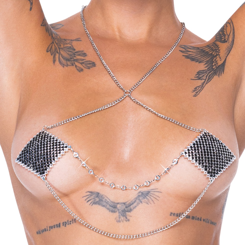 Nipple Bijuterii Argintiu Lanț Cottelli Accessoires cu Pietre Negre - imagine 4