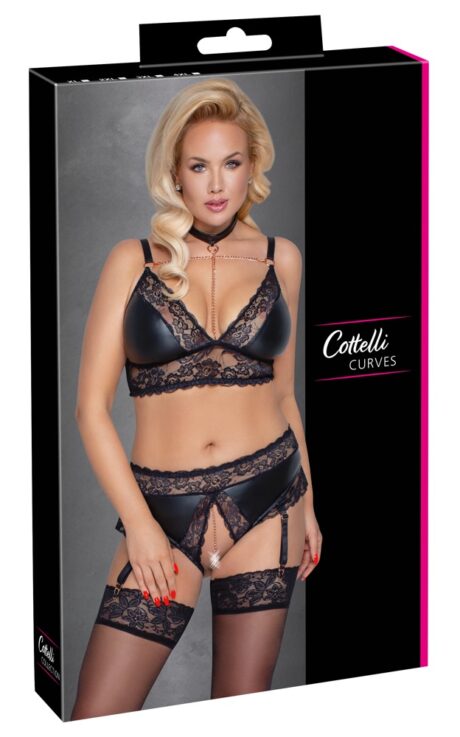 Cottelli CURVES Set Sutien și Slip cu Portjartier, Dantelă, Negru