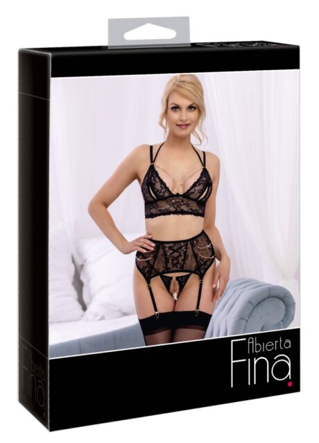Abierta Fina Set Bralette, Portjartier și Slip Decupat din Dantelă