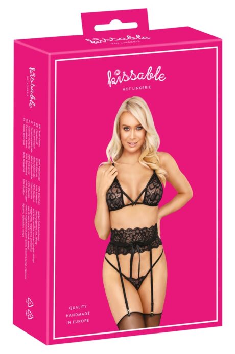 Kissable Set Sutien, Portjartier și String din Dantelă Neagră