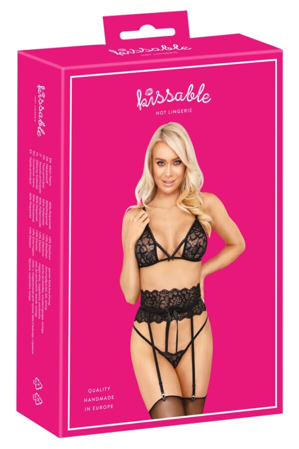 Kissable Set Sutien, Portjartier și String din Dantelă Neagră