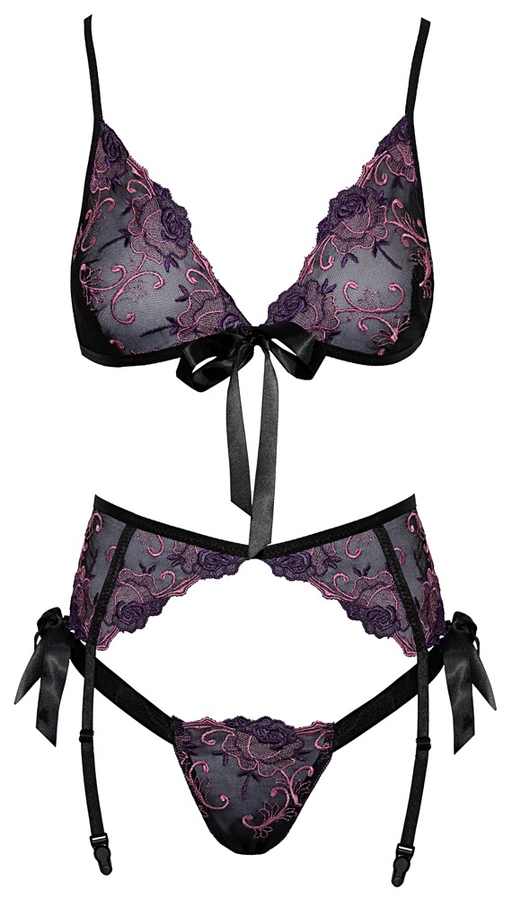 Kissable Set Sutien Portjartier și Tanga cu Broderie Florală L/XL - imagine 4