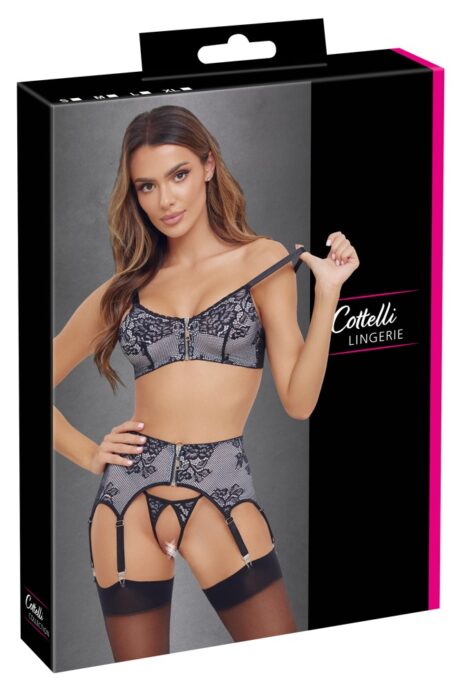 Cottelli LINGERIE Set Sutien, Portjartier și Tanga Decupat B/W