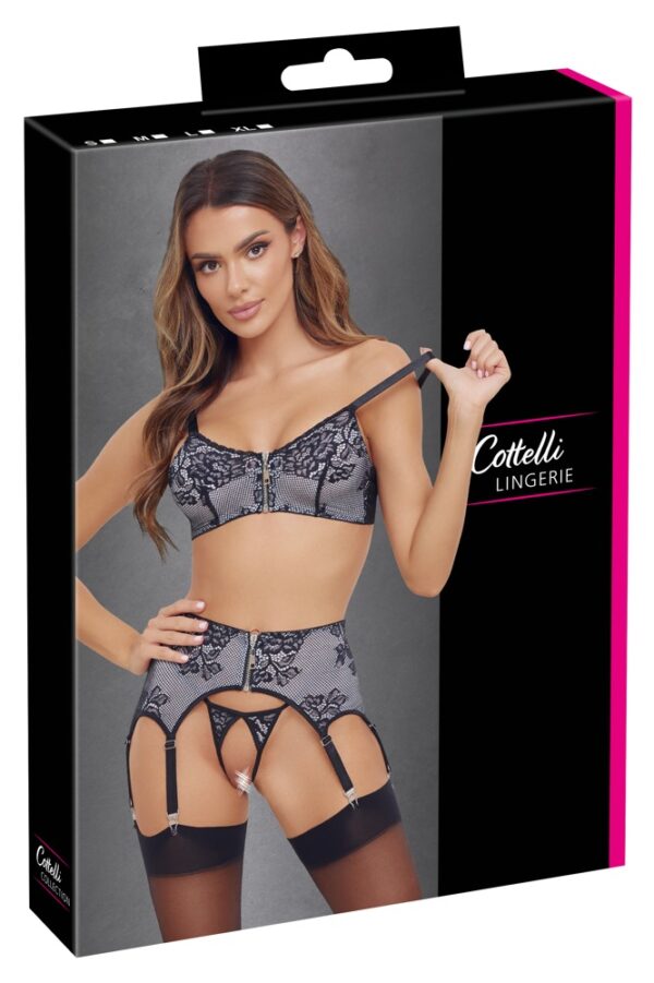 Cottelli LINGERIE Set Sutien, Portjartier și Tanga Decupat B/W