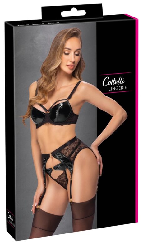 Set 3 Piese Cottelli LINGERIE – Sutien cu Balene, Portjartier și Tanga din Dantelă și Vinil