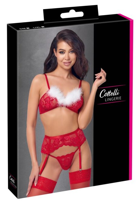 Set X-Mas Cottelli LINGERIE – Sutien, Portjartier și Tanga din Dantelă Roșie