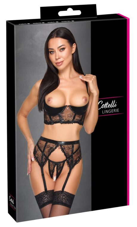 Cottelli LINGERIE Set Balconette cu Portjartier și String Decupat Wetlook