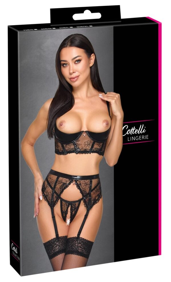 Cottelli LINGERIE Set Balconette cu Portjartier și String Decupat Wetlook