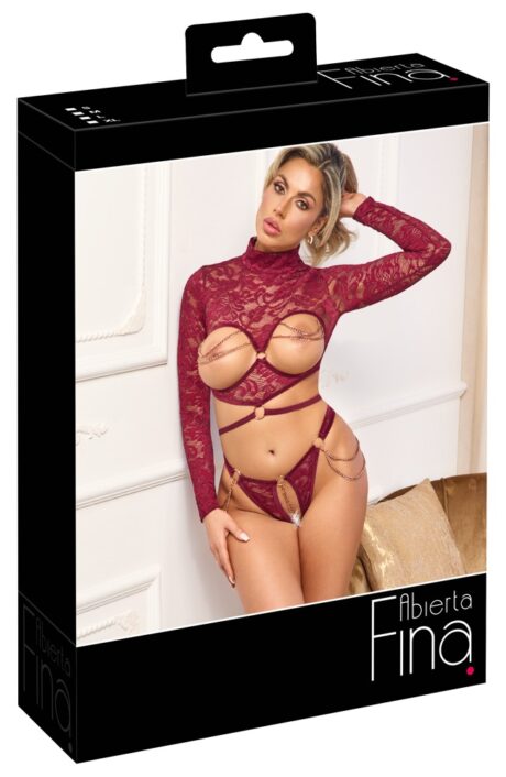 Set Top Deschis și Tanga Roșu cu Lanțuri