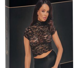Noir Libido Top Crop din Dantelă Neagră cu Guler Înalt