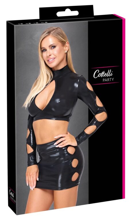 Set Top Crop cu Mâneci Lungi și Fustă Mini Wetlook Cottelli PARTY