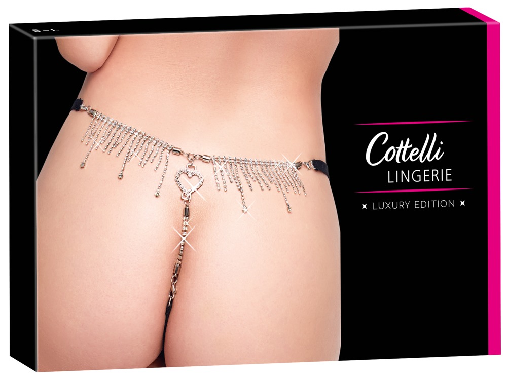 Cottelli LINGERIE Tanga Rhinestones cu Dantelă și Inimă din Strasuri S-L