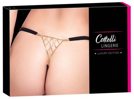 Tanga Negru Cottelli LINGERIE cu Strass și Accesorii Aurii S–L