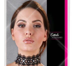 Embroidered Choker Negru cu Perle Albe și Strasuri