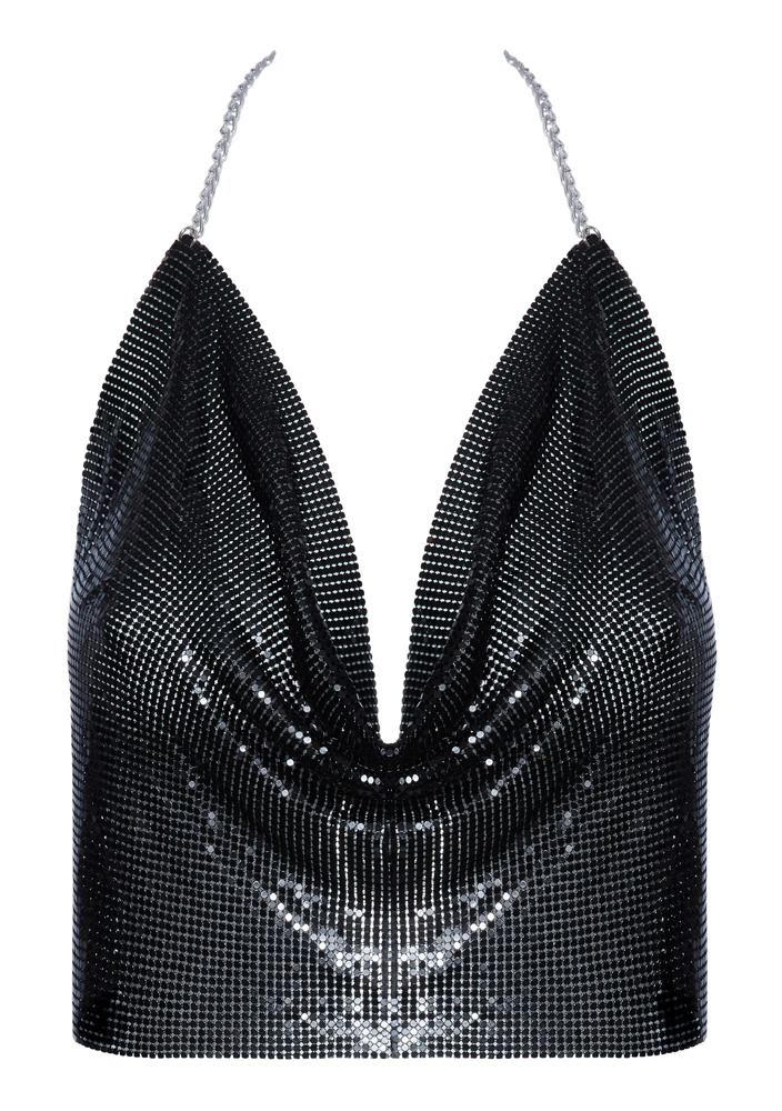 Metal Top Negru cu Decolteu Cowl și Lanțuri Ajustabile - imagine 6