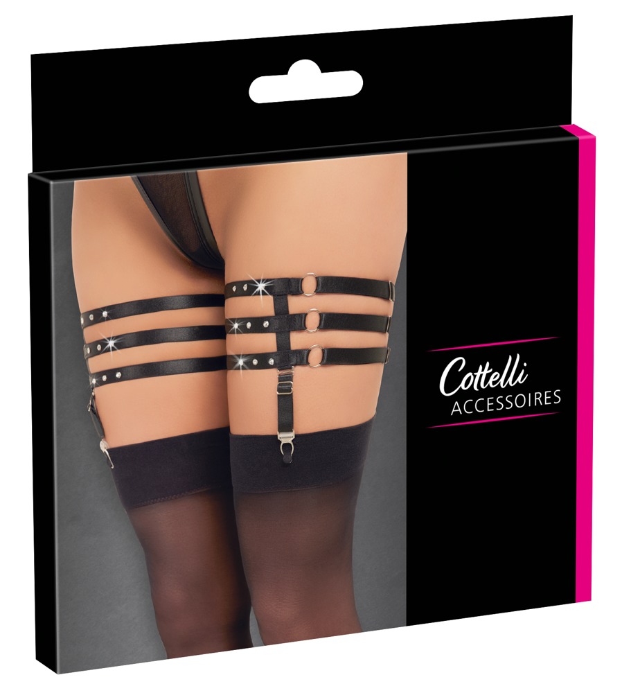 Cottelli Accessories Garters Negre Triplu Strat cu Strasuri și Bretele Detașabile
