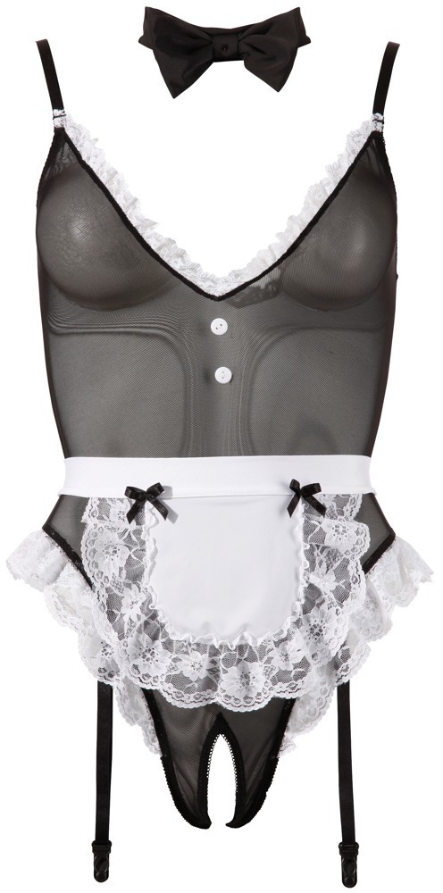 Maid Body din Plasă Elastică cu Dantelă Guler și Șorț - imagine 4