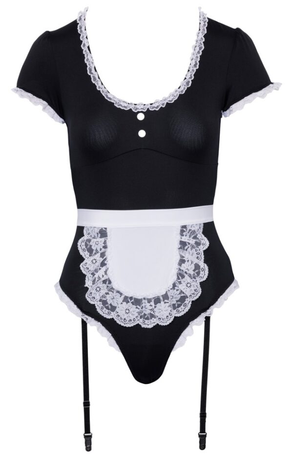 Waitress Body Negru cu Șorț Alb și Volănașe din Dantelă - imagine 6
