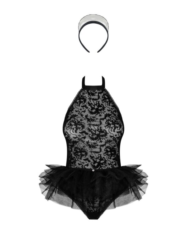 OBS Costum Black Maid 3 Piese cu Body Fustă din Tulle și Bentiță - imagine 3