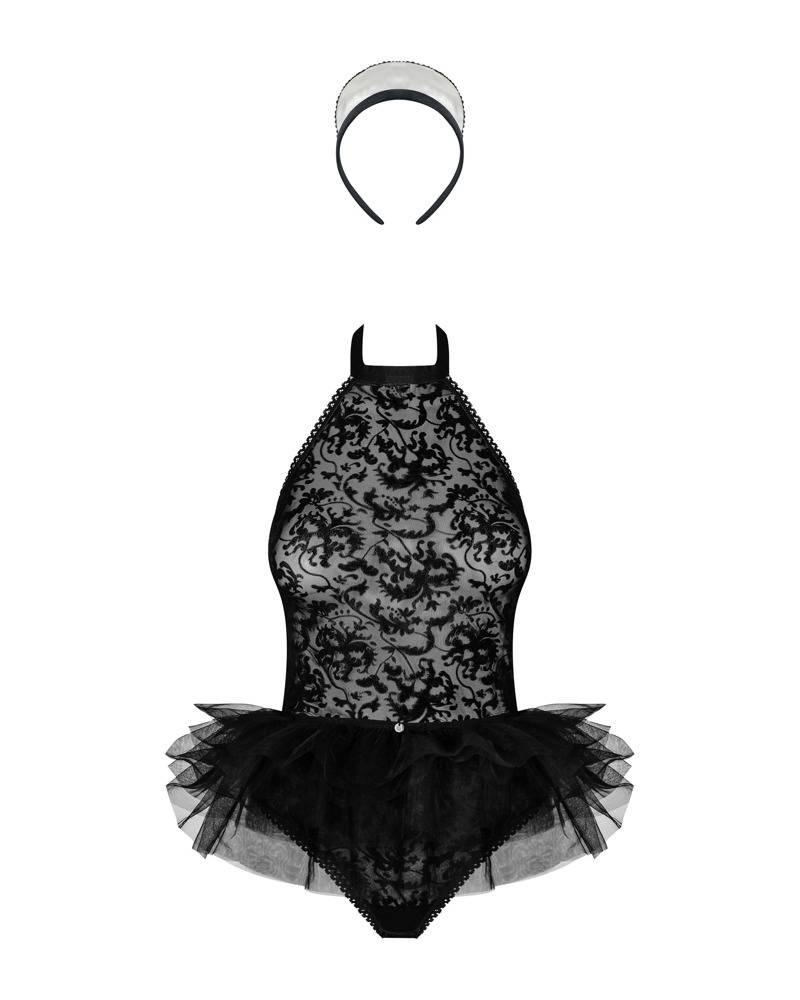 OBS Costum Black Maid 3 Piese cu Body Fustă din Tulle și Bentiță - imagine 3