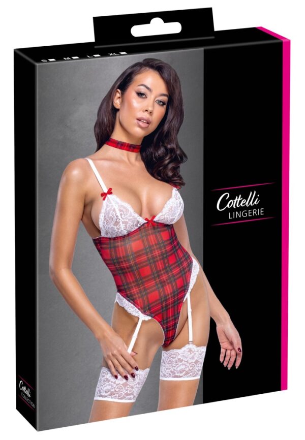 Body Plaid cu Cupe din Dantelă Albă și Choker Asortat