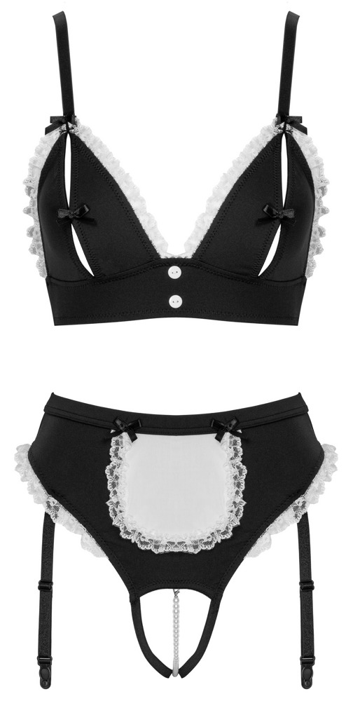 Maid Set 2 Piese Negru cu Bustieră și Chiloți Portjartier Decupați - imagine 6