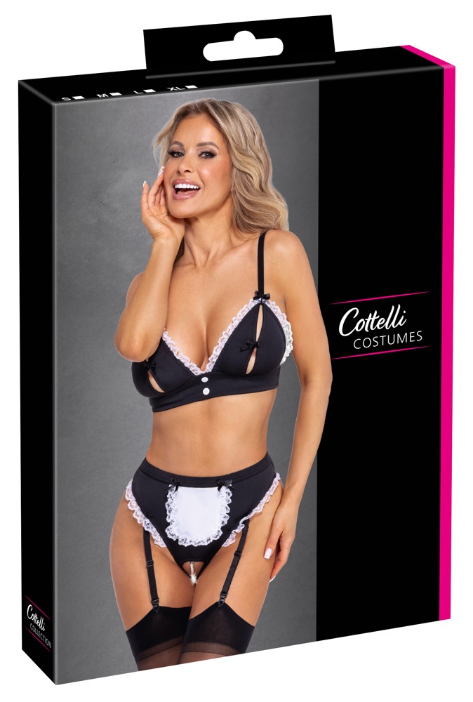 Maid Set 2 Piese Negru cu Bustieră și Chiloți Portjartier Decupați