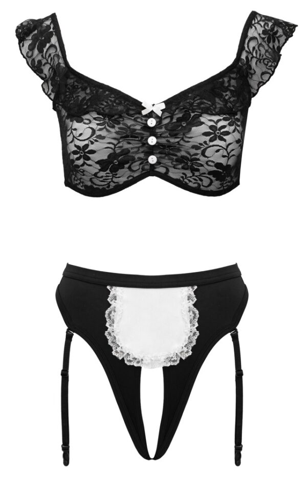 Maid Set 2 Piese Negru Alb cu Top din Dantelă și Tanga cu Portjartier - imagine 8