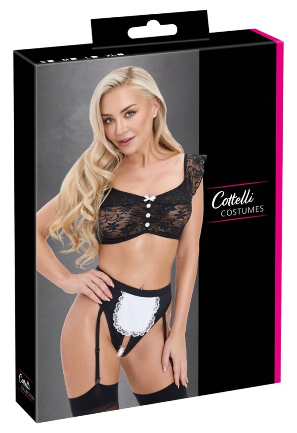 Maid Set 2 Piese Negru Alb cu Top din Dantelă și Tanga cu Portjartier