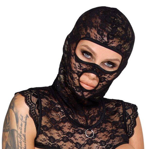 Bad Kitty Set Bondage din Dantelă cu Cupe Deschise Mască și Cătușe - imagine 7