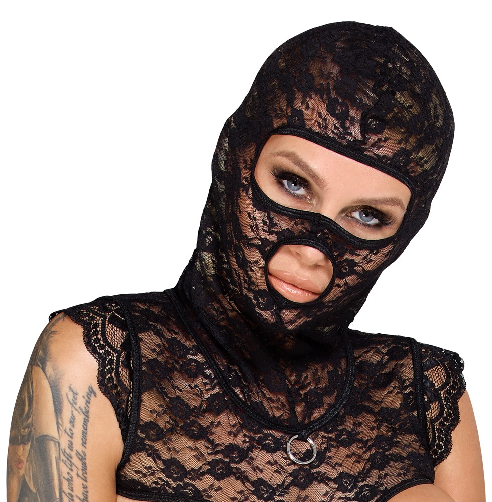 Bad Kitty Set Bondage din Dantelă cu Cupe Deschise Mască și Cătușe - imagine 7