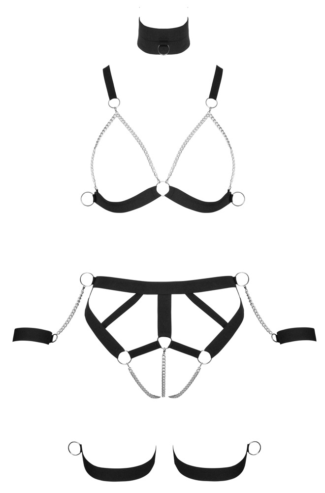 Bad Kitty Set Harness Negru cu Choker Cătușe și Lanțuri - imagine 6