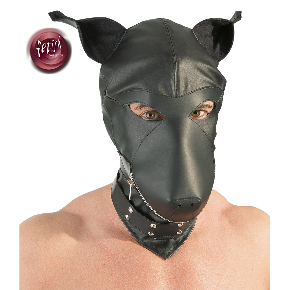 Mască Dog din Imitație de Piele Neagră cu Zipper și Zgardă cu Ținte - imagine 6