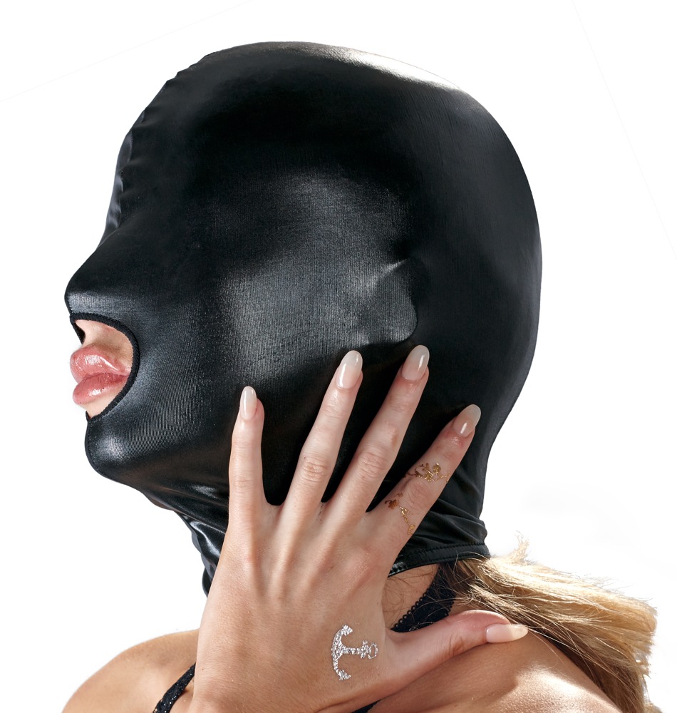 Head Mască Neagră Wet Look Lucioasă cu Decupaj pentru Gură - imagine 4