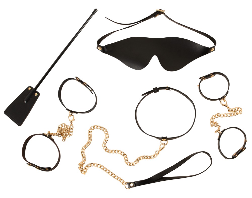 Bad Kitty Set Bondage Auriu 5 Piese cu Cătușe Lesă Mască și Mini Crop - imagine 5